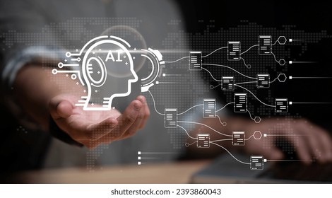 Data analysis of ai artificial intelligence process with technology processor to planning business information data, tech, network corporate concept.