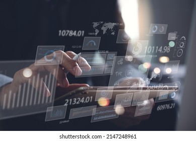 Data Analysis, Business Analytics Concept. Businessman Working On Digital Tablet With Financial Graph, Economic Growth Chart, Big Data On Virtual Screen, Digital Marketing, Data Scientist