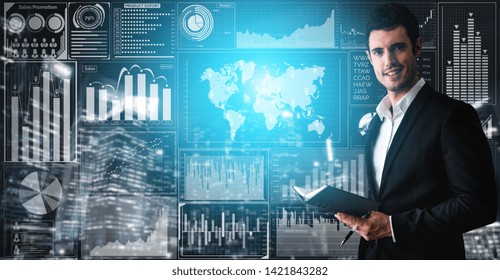 Data Analysis For Business And Finance Concept. Graphic Interface Showing Future Computer Technology Of Profit Analytic, Online Marketing Research And Information Report For Digital Business Strategy.