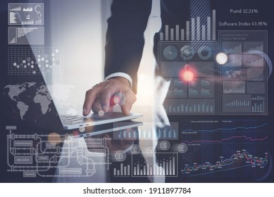 Data analysis, Business intelligence (BI), business analytics (BA) with key performance indicators (KPI) dashboard concept. Businessman working on laptop with financial graph and market report
