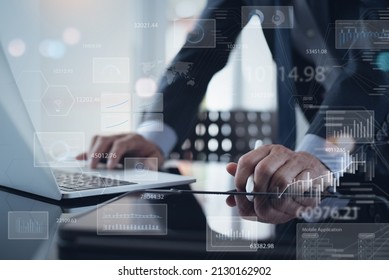 Data analysis, Business intelligence (BI), business analytics (BA) with key performance indicators (KPI) dashboard concept. Businessman working on digital tablet, financial graph, market research
