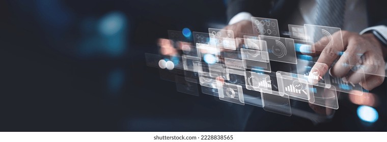 Data analysis, business intelligence, market research concept. Businessman using digital tablet with financial report, big data technology, analytics dashboard, finance and data science
