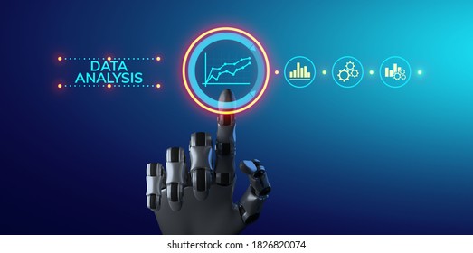 Data analysis Business intelligence. Robot pressing button on virtual screen.