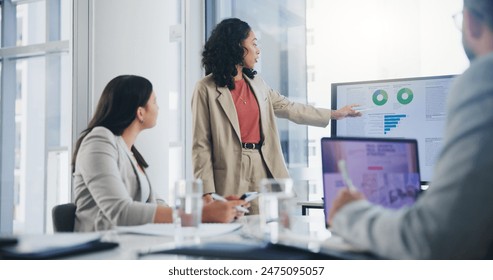 Data analysis, business meeting or woman with graph presentation in office for revenue, profit or sale statistics. Chart, analytics or accounting mentor brainstorming economy, inflation or solution - Powered by Shutterstock