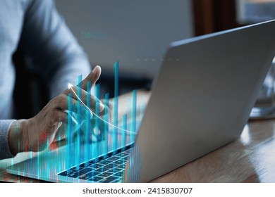 Data analysis by technology AI, programmer or developer use Ai tech for analyze business data information, graph and chart display on laptop screen, using AI to help, assistance analytic, data science