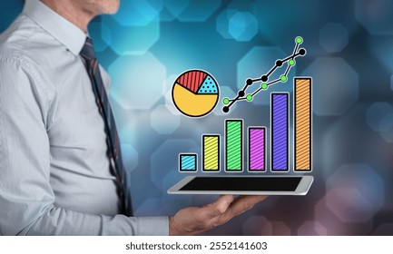 Data analysis concept above a tablet held by a man