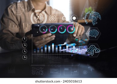 Data analysis concept with businessman using tablet on cloud technology and AI application to analyse big data base from global network to planning business strategy