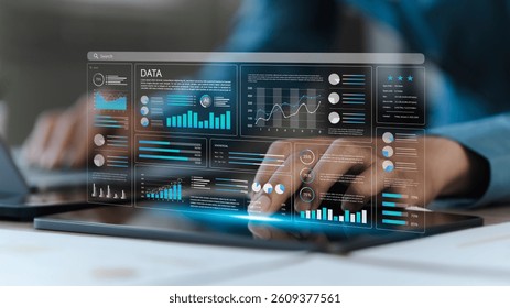 Data analysis concept, businessman using laptop to analyze business data and information management system, database for finance, strategy and planning, operations, marketing, digital technology.
