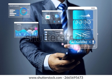 data analysis concept with businessman using portable devices or smartphone as anlytics assistant to help him summary or information conclusion for business direction decision
