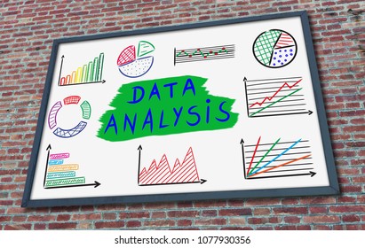 Data analysis concept drawn on a billboard fixed on a brick wall