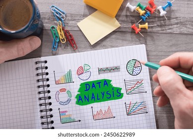 Data analysis concept drawn on a notepad placed on a desk