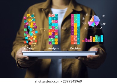 Data analysis concept with engineer or analyse holding wireless keyboard to arrangement information analytic to summarise and decision to research and development new products investment