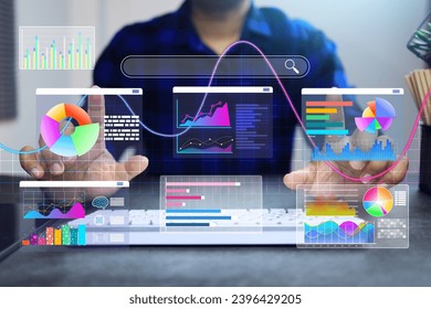 Data analysis concept with data scientist or engineer working with information analytic graph and chart for summarize business on virtual screen