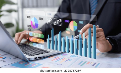 Data analysis is conducted using digital charts and financial dashboards, visualizing stock market performance metrics to express insights for marketing projects, strategy smart business.