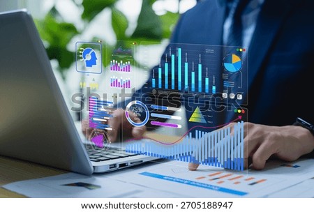 Data analysis dashboard concept, business operations manager reviewing key performance indicators (KPIs) for strategic decision-making, performance monitoring and process optimization.