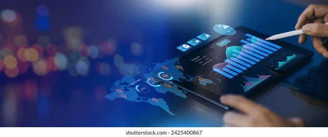Data analysis of digital financial technology business and economic statistics growth graph. Concept of virtual dashboard technology digital marketing and global economy network connection.