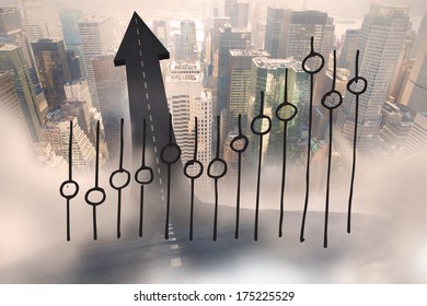 Data analysis doodle against road turning into arrow