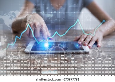Data analysis graph on virtual screen. Business finance and technology concept.
