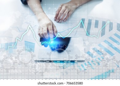Data analysis graph on virtual screen. Business finance and technology concept.