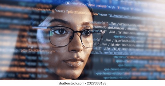 Data analysis, hologram and woman for coding software, information technology and night overlay. Programmer code or IT person in glasses reading html script, programming and cyber security research