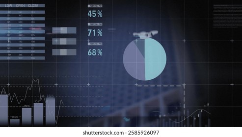 Data analysis image over world map and pie charts with percentages. Analytics, statistics, visualization, infographics, data science, global - Powered by Shutterstock - Get 15% off with code: PIKWIZARD15
