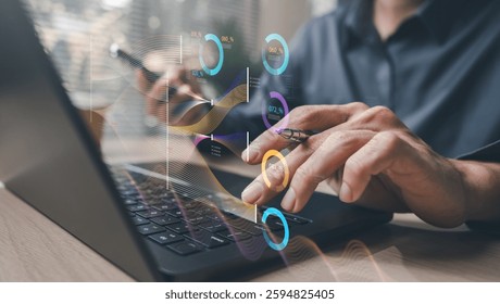Data analysis interface database. Analyst information system. Business technology research. A person is using a laptop with a colorful screen that has a lot of circles on it.