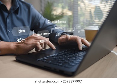 Data analysis interface database. Analyst information system. Business technology research. A person is using a laptop with a screen that displays a creative process.
