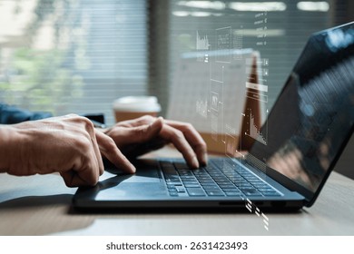 Data analysis interface database. Analyst information system. Business technology research. A person is using a laptop on a desk with a calendar in front of them.