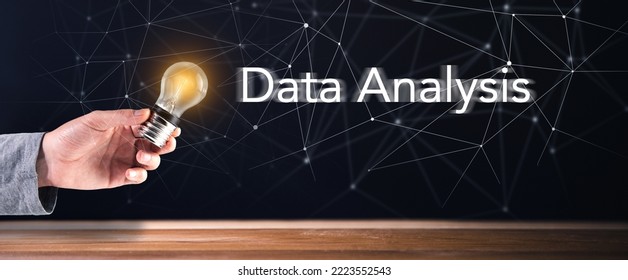 Data Analysis and light bulb in hand. On the background of the network