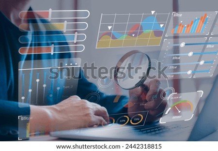 Data analysis Data Management System with KPI and metrics connected to the database investment finance, operations, sales, marketing, businessman use magnifying glass working with dashboard chart