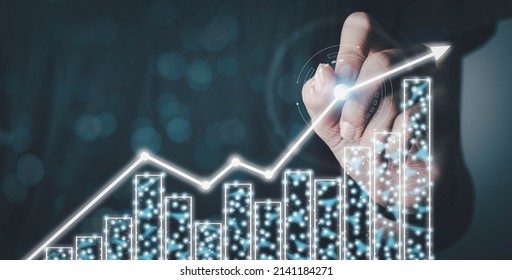 Data analysis, Progress success, Intelligence, Good financing, Stock market, Cryptocurrency trade, Business growth concept. Businessman write arrow and show virtual investment digital charts diagrams.