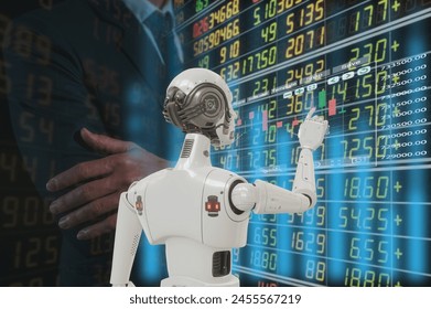 Data analysis Robot trading concept. businessman working with data charts with AI Robot represents use of artificial intelligence in trading investing. Digital transformation technology
