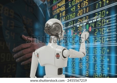 Data analysis Robot trading concept. businessman working with data charts with AI Robot represents use of artificial intelligence in trading investing. Digital transformation technology
