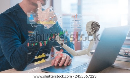 Data analysis Robot trading concept. businessman working with data charts with AI Robot represents use of artificial intelligence in trading investing. Digital transformation technology