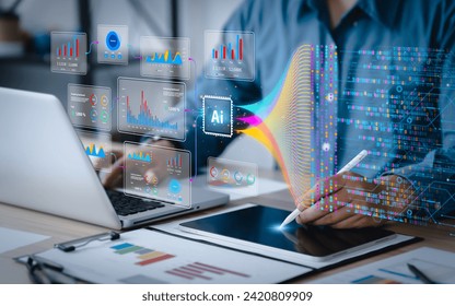 Data analysis science and big data with AI technology. Analyst or Scientist uses a computer and dashboard for analysis of information on complex data sets on computer. Insights development engineer 