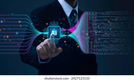 Data analysis science and big data with AI technology. Analyst or business man uses a computer and dashboard for analysis of information on complex data sets on computer. Insights development engineer