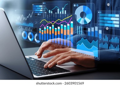 Data analysis. Statistical graphs and financial charts. Business intelligence and data-driven strategy. Businessman using laptop computer to analyze business data.