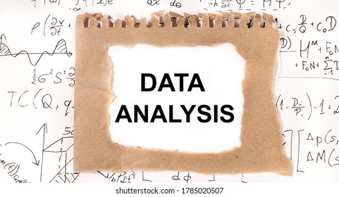 DATA ANALYSIS text on white paper surrounded by mathematical formulas. Isolated on white.