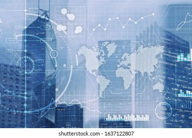 Data Analysis. Trading Control Panel on Virtual Screen Modern City Background.