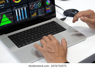 Data analysis and visualization in a professional environment using a laptop with multiple chart and graph