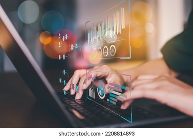 Data analysis work flow, Business Analytics and Data Management System on computer, metrics connected to database. Corporate strategy for finance, operations, sales, marketing, data base on server.