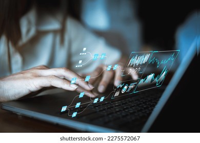 Data analysis work flow, Business Analytics and Data Management System on computer, metrics connected to database. Corporate strategy for finance, operations, sales, marketing, data base on server.