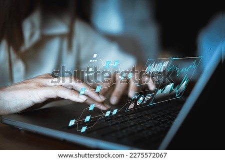Data analysis work flow, Business Analytics and Data Management System on computer, metrics connected to database. Corporate strategy for finance, operations, sales, marketing, data base on server.