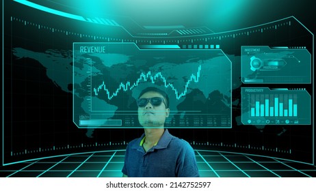 Data analyst or data analyzer Looking up on a virtual screen and checking investment earnings in the global digital industry. through the candlestick chart. Investment yield and profit revenue.
