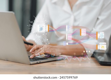 Data analyst analyzing information structure on screen with machine learning to extract strategical prediction for business, finance, internet of things. Big data analytics visualization technology
