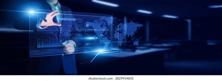 Data analyst pointing to recommendation engine with analyzing user behavior, algorithm accuracy, personalized content, market response, and engagement performance.