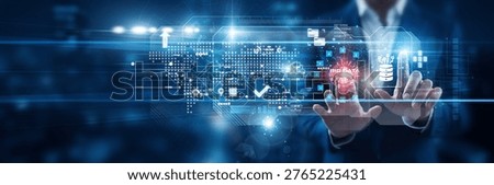 Data analyst touching analytics charts on Big Data virtual screen, processing massive datasets, uncovering insights, forecasting trends, and driving data-based decisions.