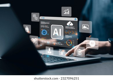 a data analyst using technology AI for working tool for data analysis Chatbot Chat with AI, using technology smart robot AI, artificial intelligence to generate something or Help solve work problems.