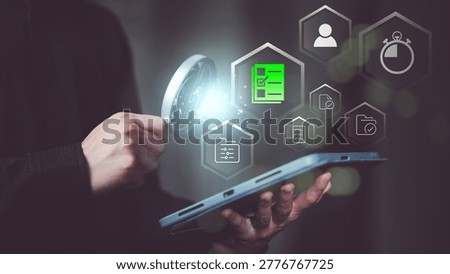 Data analyst verifies digital checklist for secure data verification, compliance audit, workflow automation, document control, risk assessment, cybersecurity validation, process accuracy improvement.