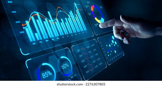 Data analyst working on business analytics dashboard with charts, metrics and KPI to analyze performance and create insight reports for operations management on virtual screen. - Shutterstock ID 2276307805